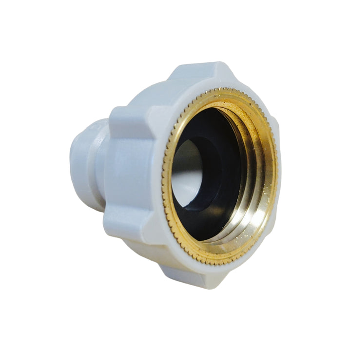 Isolated view of a female-to-female garden hose to tubing adapter, featuring a white acetal body and a brass threaded interior.