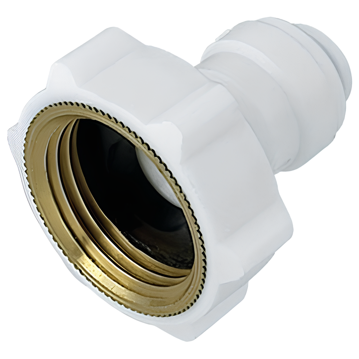 Close-up view of a white and brass female-to-female garden hose to tubing adapter with acetal resin housing and a textured grip.