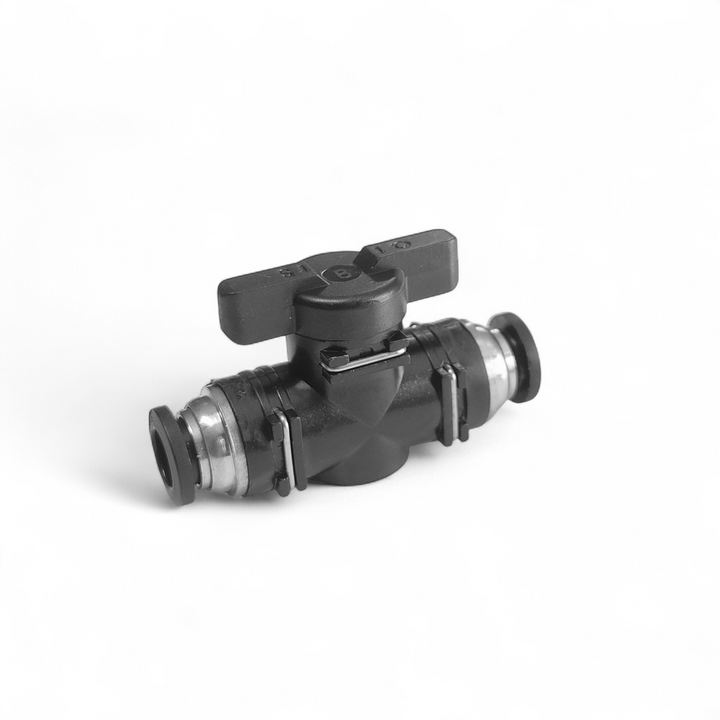 Black and silver plumbing valve on a white background