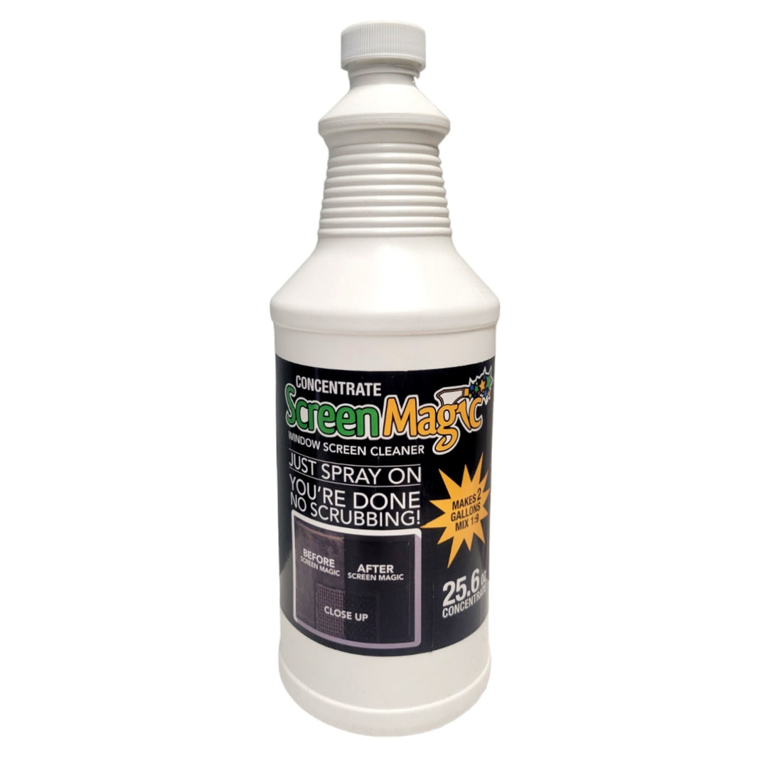A white plastic bottle labeled "Screen Magic Window Screen Cleaner Concentrate" with a black and yellow label. The label features a "before and after" image showing the effect of the product on a window screen, a bright star graphic, and text that reads "Just spray on you're done no scrubbing!" and "Makes 2 Gallons".
