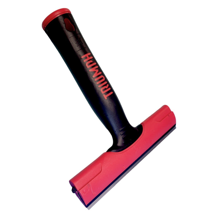 Triumph MK3 6in Scraper with a straight black rubber blade attached to a red and black handle against a white background.