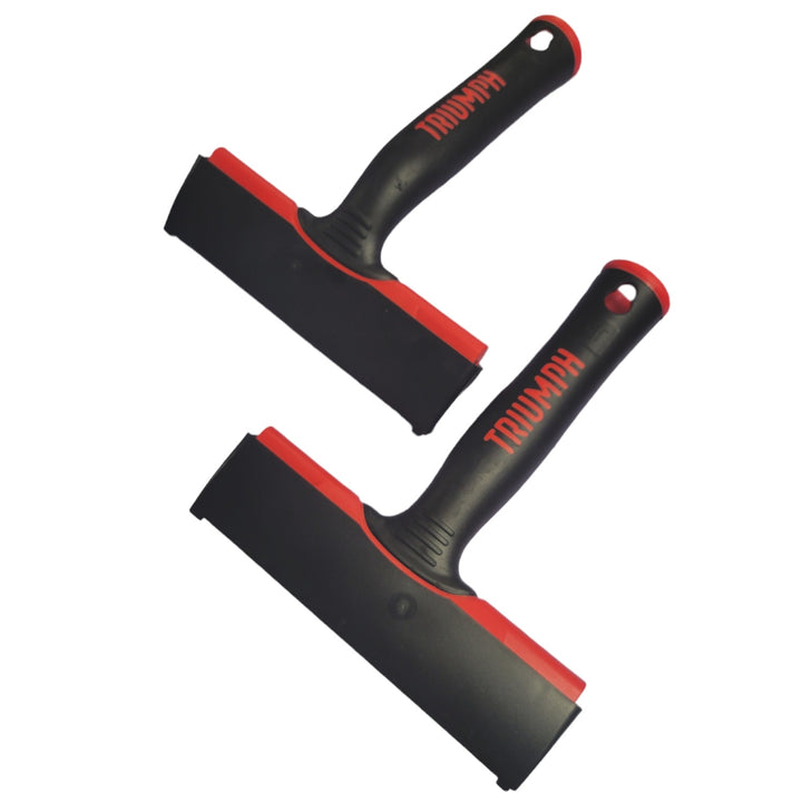 Two Triumph MK3 6in Scrapers with black blades and red and black handles, one placed vertically and the other horizontally.