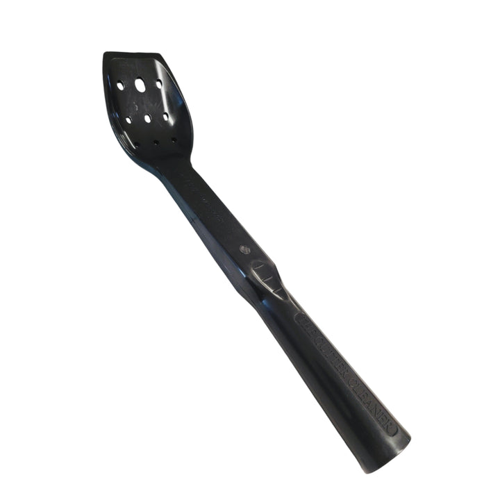 A black spoon-shaped gutter cleaning tool titled "The Gutter Cleaner" with nine holes in the scoop and an elongated handle.