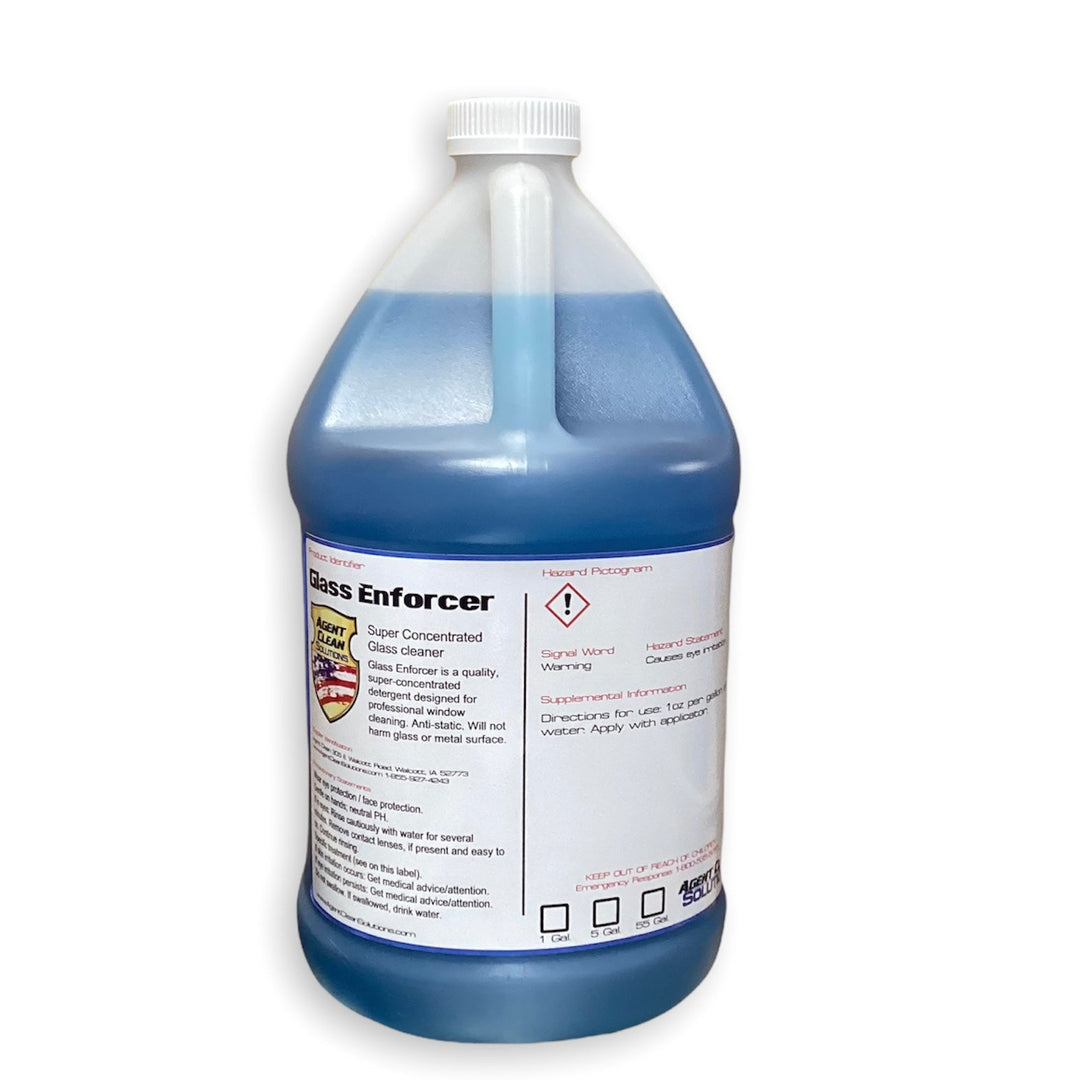 A gallon of Glass Enforcer used for professional window cleaning and is super concentrated.