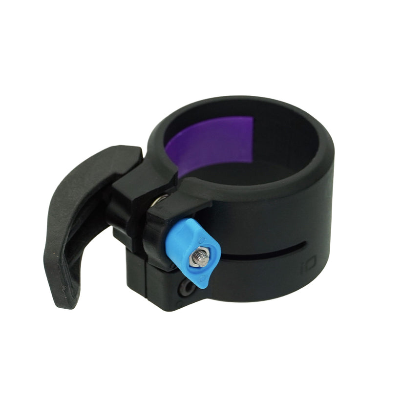 Black and purple clamp with blue lever on a white background