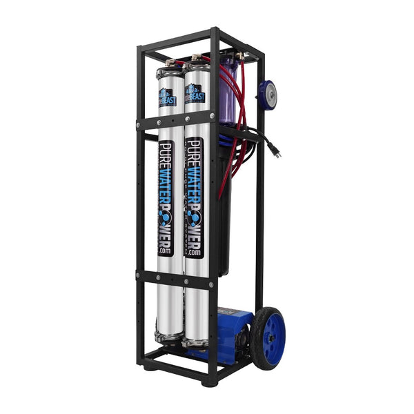 Portable water filtration system on wheels with 'Pure Water Power' branding.