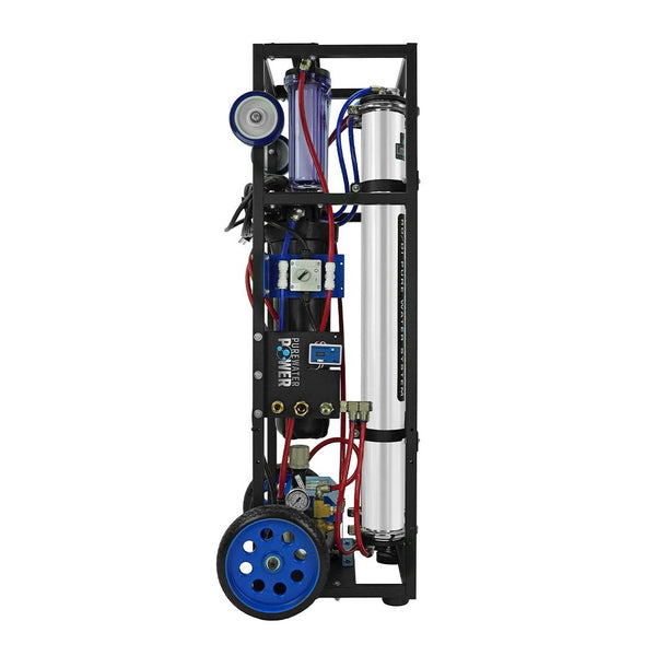 Pure Water Power purification machine with wheels and electronic components on a white background