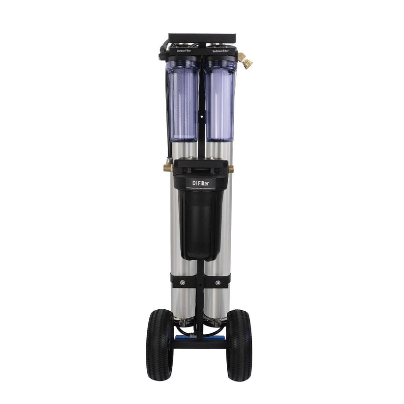 Filter system on wheels with cylindrical components on a white background