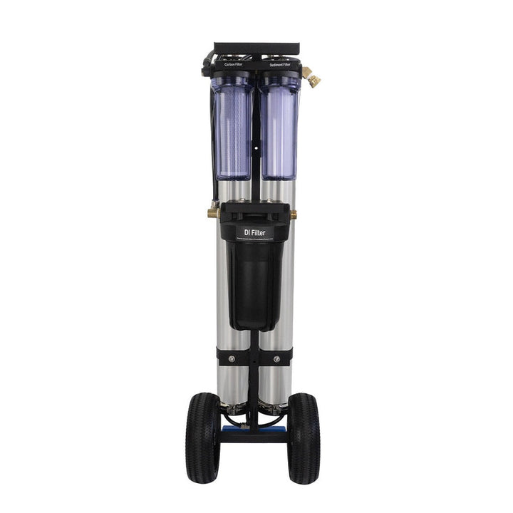 Filter system on wheels with cylindrical components on a white background