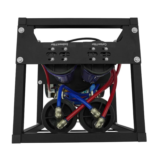 Pure water power machine with a black frame, blue and red hoses, and visible labels on a white background