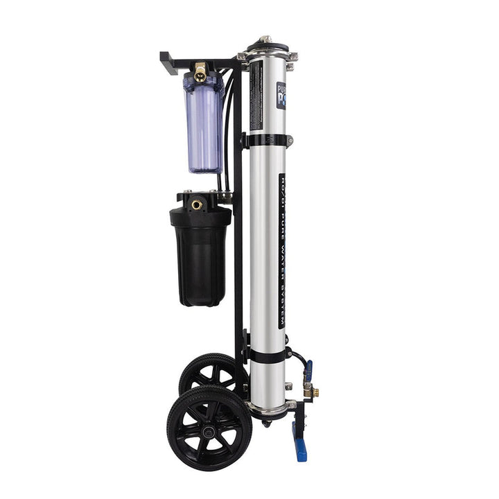 Portable water filtration system on wheels with a white background
