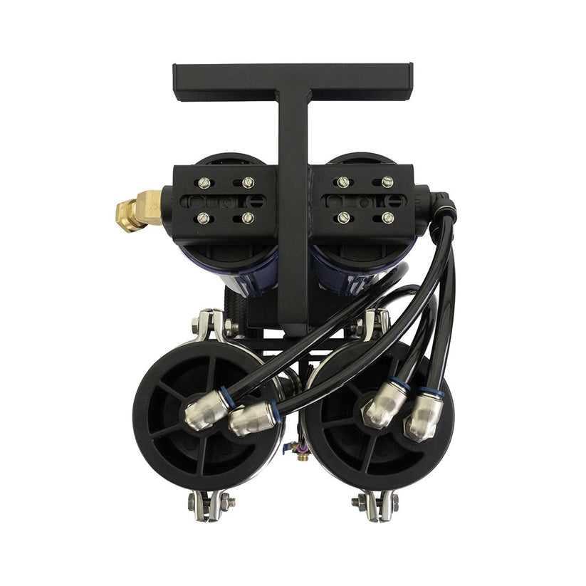 Top view of Pure Water Power system, showcasing sediment, carbon and two RO's plumbing.