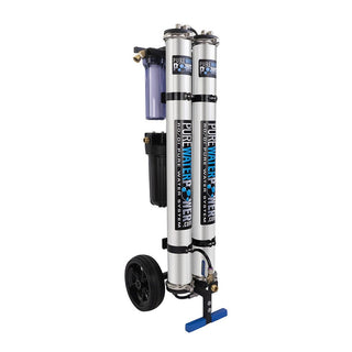 Portable water filtration system with wheels on a white background