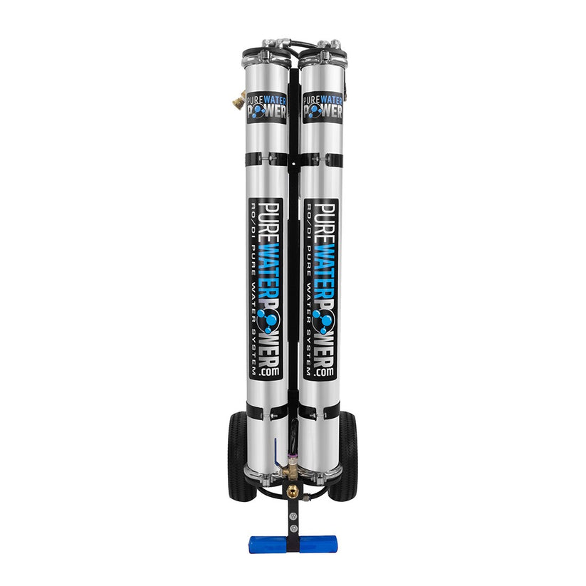 Two cylindrical water filters on a stand with 'Pure Water Power' branding on a white background.