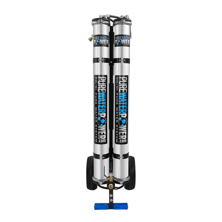 Two cylindrical water filters on a stand with 'Pure Water Power' branding on a white background.