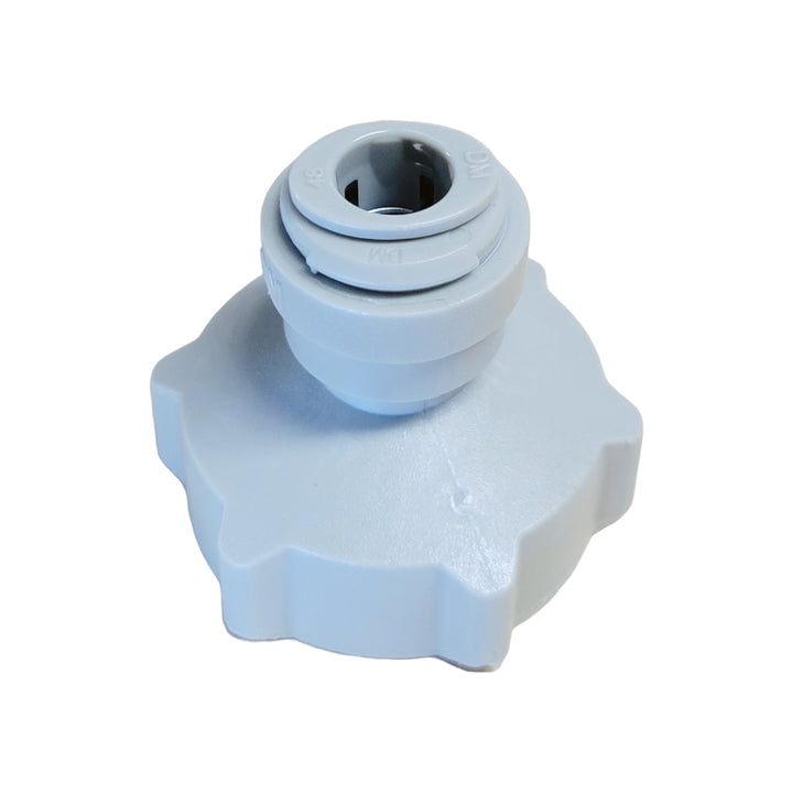Angled view of a white acetal resin female-to-female adapter with an integrated locking mechanism and a star-shaped base.
