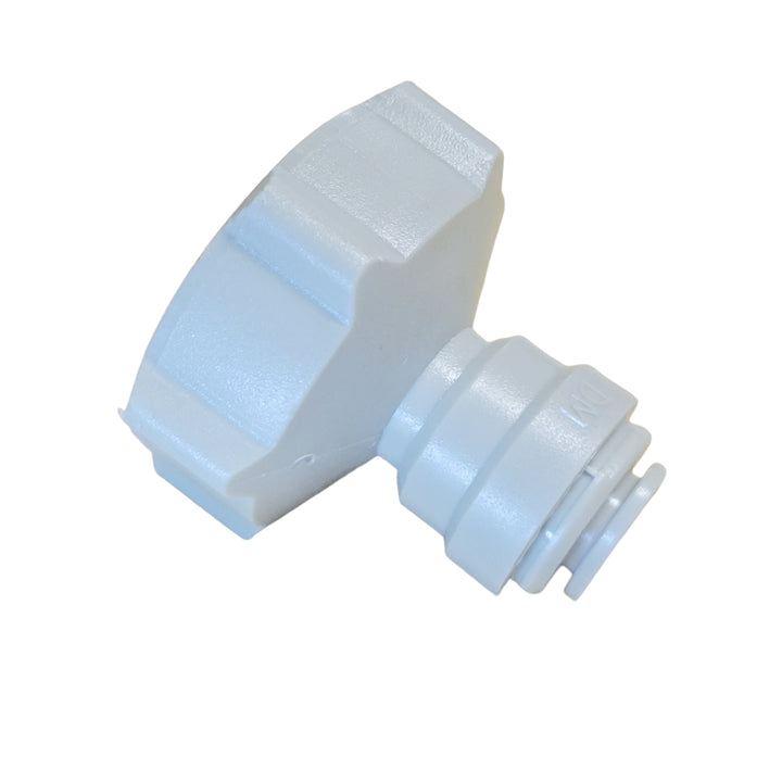 Side view of a white acetal resin garden hose to 5/16" tubing adapter with a female connector and molded details for easy handling.