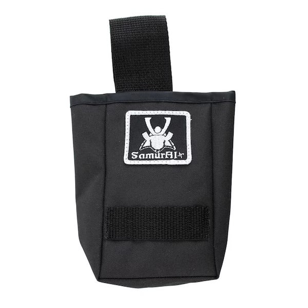 A black bottle holder pouch with a top webbing loop and a white embroidered patch featuring the Samurai logo and text, set against a plain white background.