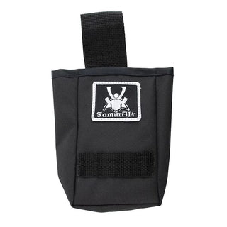 A black bottle holder pouch with a top webbing loop and a white embroidered patch featuring the Samurai logo and text, set against a plain white background.