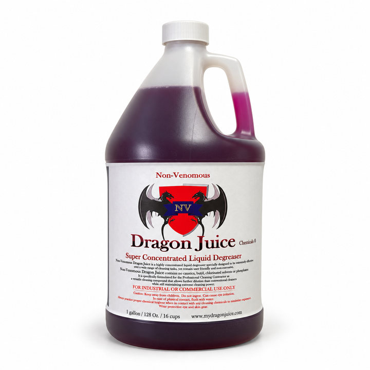 One-gallon jug of purple Dragon Juice NV super-concentrated liquid degreaser on a white background