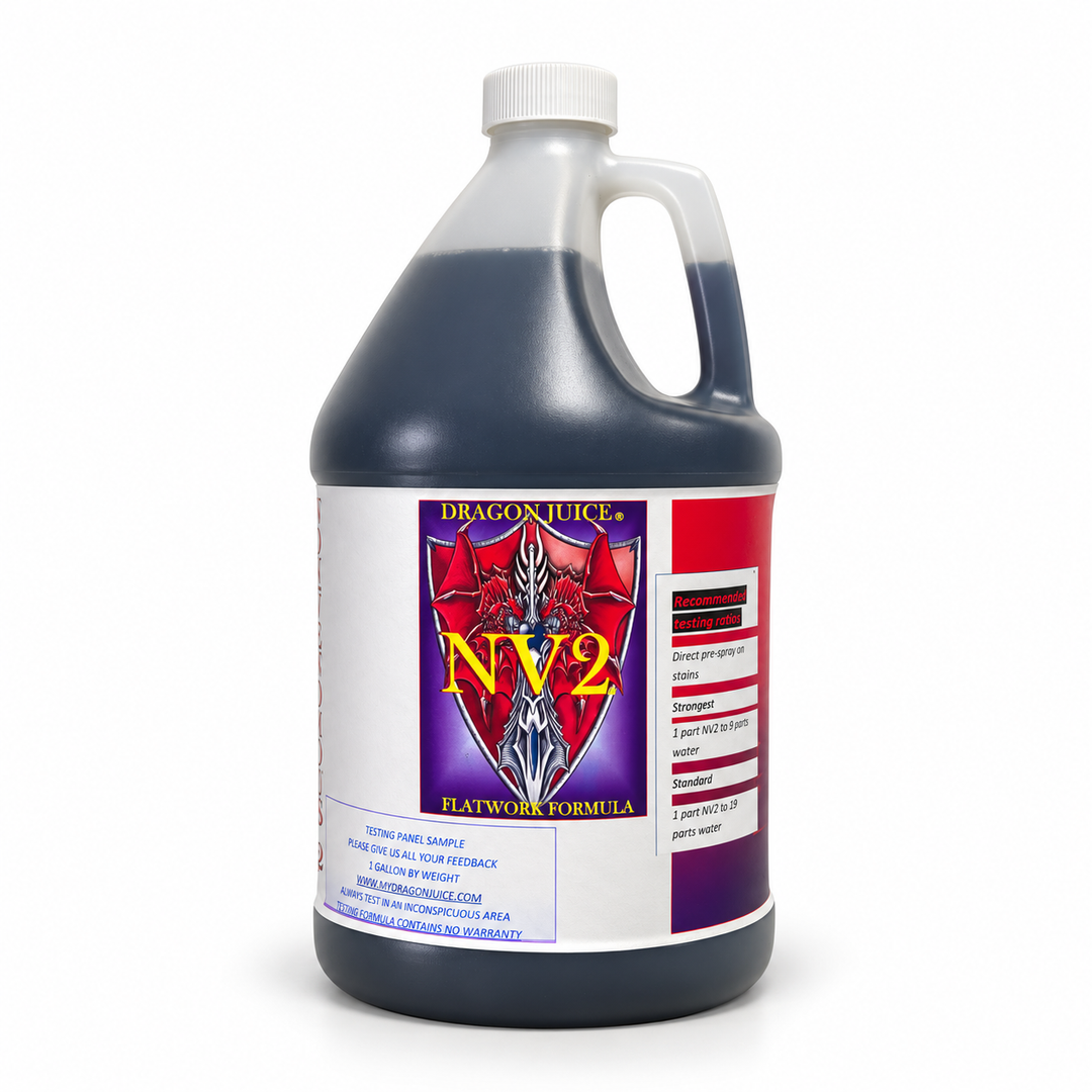 A one-gallon plastic jug of Dragonjuice NV2 Flatwork Formula, featuring a white cap and a white label with red and purple graphics, set against a plain white background.