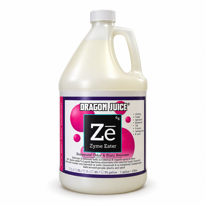 Single one-gallon jug of Dragon Juice Zē Zyme Eater enzymatic odor and stain remover, front label facing forward.