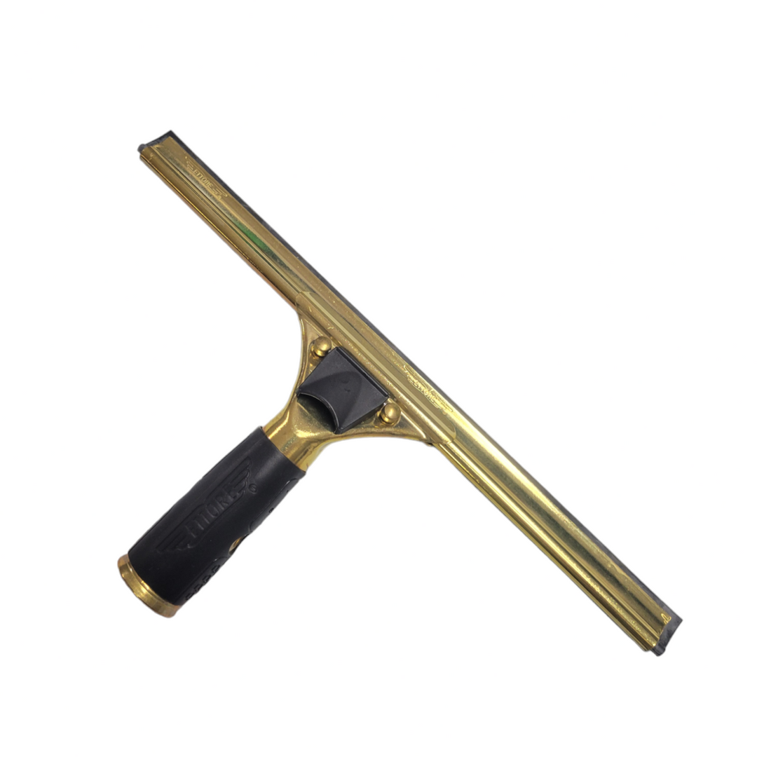 Complete Ettore brass squeegee with ergonomic black handle attached, ready for professional window cleaning.