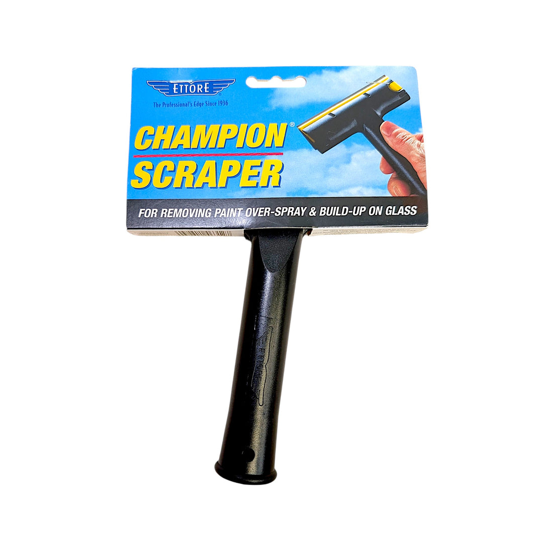 A black plastic Champion Scraper tool with its original blue and yellow retail packaging, shown against a plain white background.