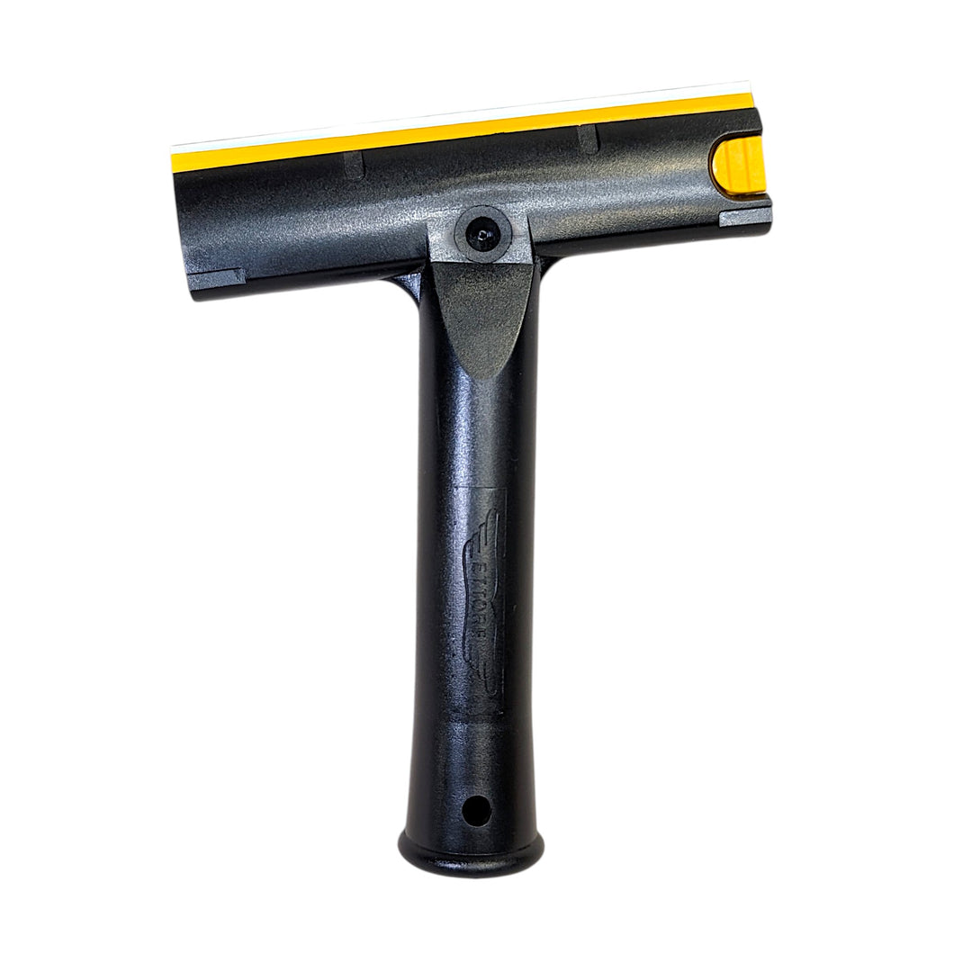 The back of a black plastic t-shaped scraper with a yellow accent strip and a small yellow button, shown against a plain white background.