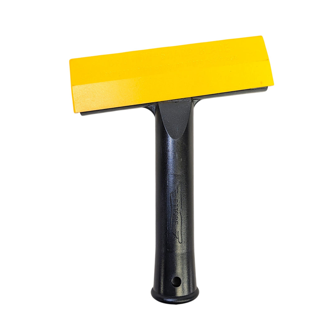 A T-shaped scraper with a bright yellow blade cover and a black handle, shown against a plain white background.