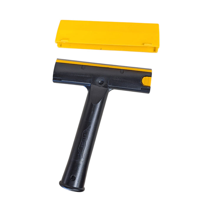 A black T-shaped window scraper with a yellow accent strip and a matching yellow protective cover, shown on a plain white background.