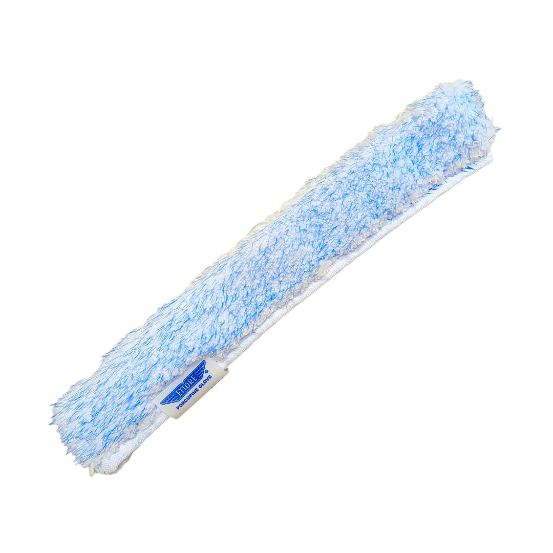 A long sleeve scrubber made of a light blue and white microfiber scrub pad, shown diagonally on a plain white background.