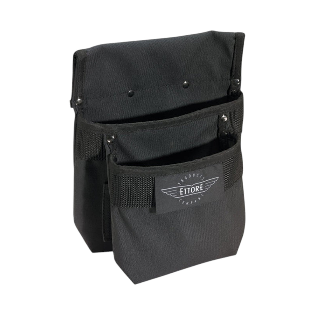 A black 2-pocket utility pouch with white embroidered patch featuring the Ettore logo and text, set against a plain white background.