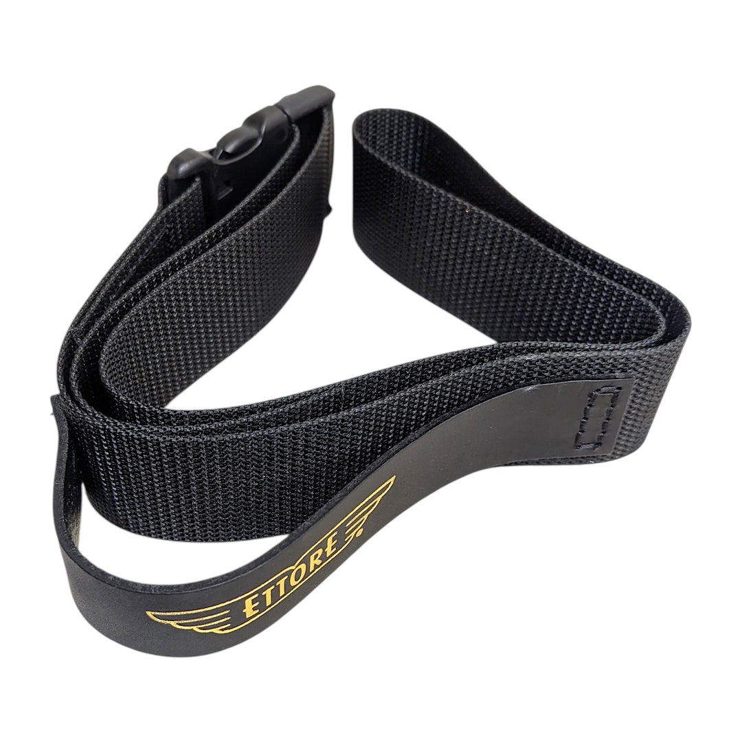 A black adjustable nylon belt with a plastic buckle, featuring a gold winged logo and the brand name 'ETTORE' printed on the front loop, set against a plain white background.