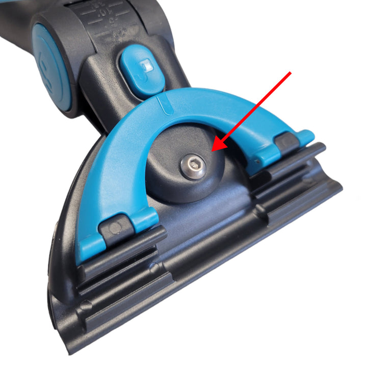 Detailed view of the Excelerator 2.0 handle's pivot area with a red arrow pointing at the blue hex friction adjuster.