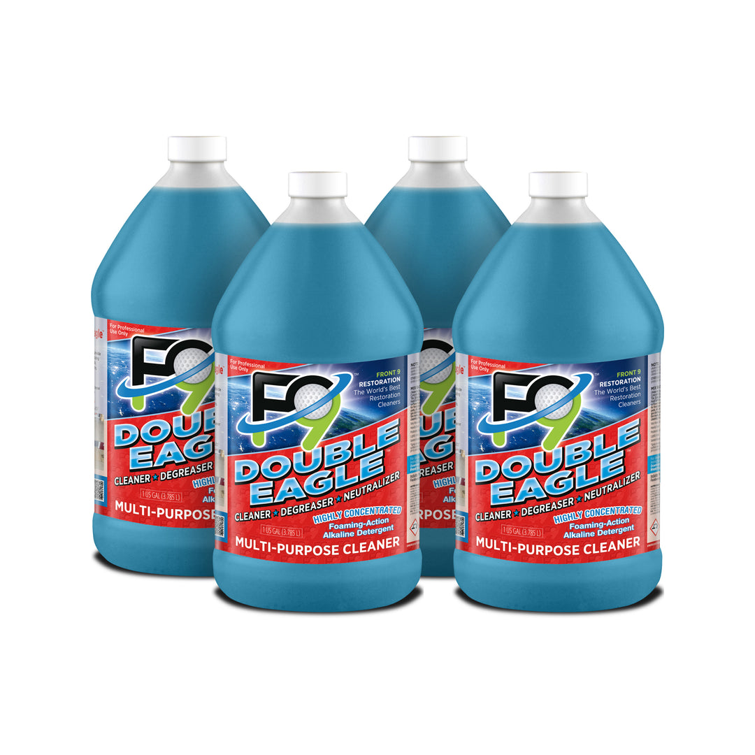 Four gallon bottles of F9 Double Eagle cleaner, degreaser and neutralizer on a white background.