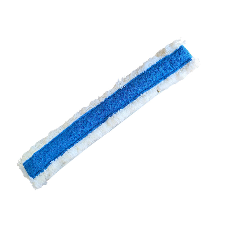 A single flat cleaning pad shown diagonally on a plain white background. The product has a bright blue central strip with white fluffy trim on both sides.