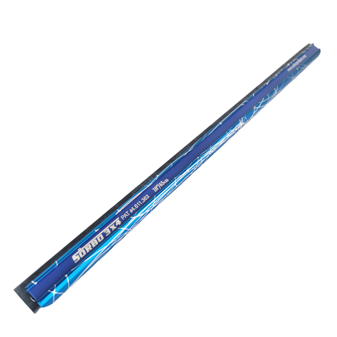 Full view of the Blue Lightning Special Edition Squeegee Channel on a white background, showcasing its entire length. The channel's blue finish is complemented by white lightning bolt designs and branding details, including the Sörbo logo and size markings in white.
