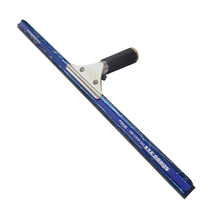 An assembled Blue Lightning Special Edition Squeegee with a black handle attached, displayed at an angle against a white backdrop. The squeegee channel's electric blue body is adorned with striking white lightning graphics and white text for the Sörbo branding and size specifications.