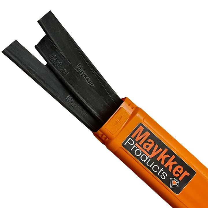 Close-up view of Maykker's Soft Squeegee Rubber blades protruding from an orange HDPE twist lock container. The black, soft rubber blades have the 'Maykker' logo imprinted on them, and are shown as a pair, indicating their ready-to-use design. The container is boldly labeled with 'Maykker Products' in white over a black diamond-shaped logo, emphasizing the brand identity.