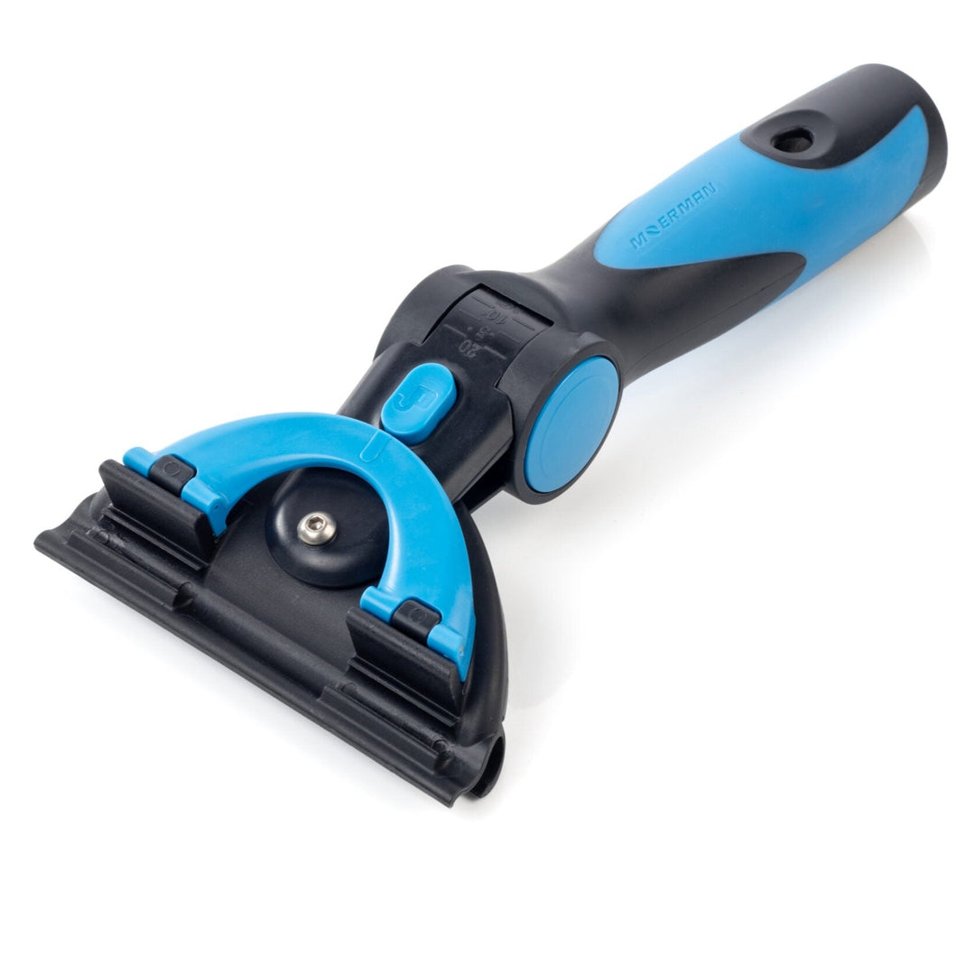 An angled view of the Excelerator 2.0 squeegee handle in black and blue, showing the full length of the handle and squeegee channel.
