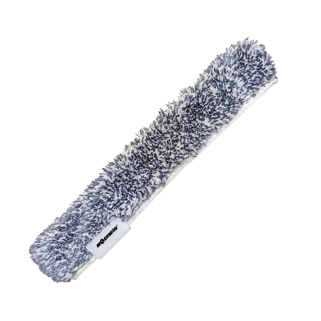 A long, narrow plush microfiber cleaning sleeve with a gray and white shaggy texture, shown diagonally on a solid white background. A small white brand tag with the text 'MOERMAN' is visible near the bottom left of the pad.