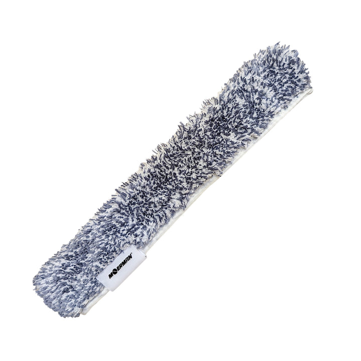 A long, narrow plush microfiber cleaning sleeve with a gray and white shaggy texture, shown diagonally on a solid white background. A small white brand tag with the text 'MOERMAN' is visible near the bottom left of the pad.
