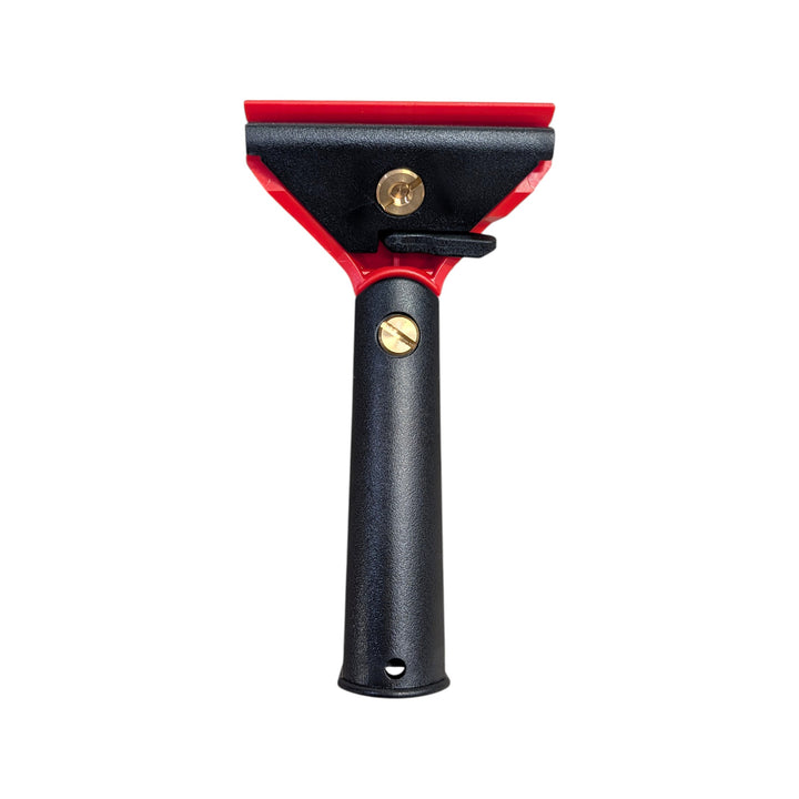 A window squeegee handle with a black textured handle, red plastic head, and gold-colored metal screws, shown against a plain white background.