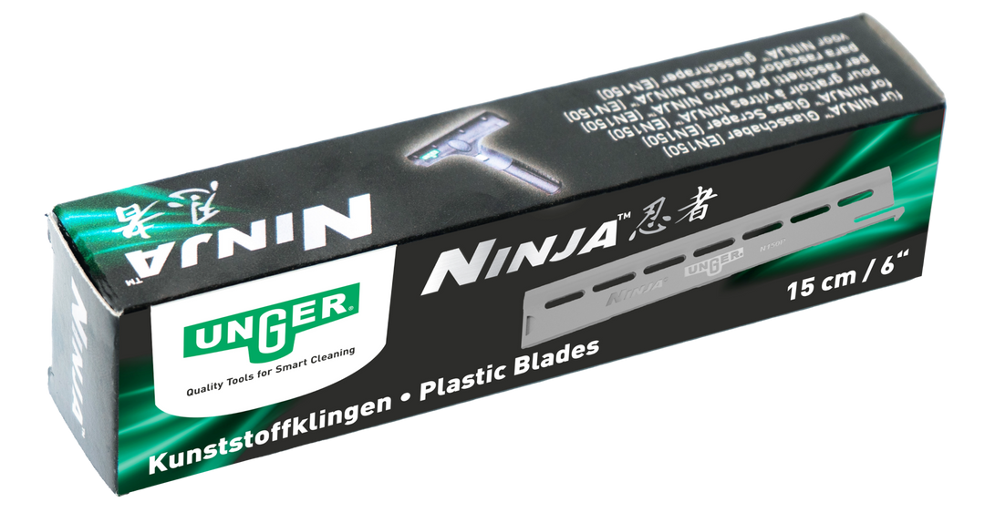 Box of Unger Ninja plastic blades with branding and product details.