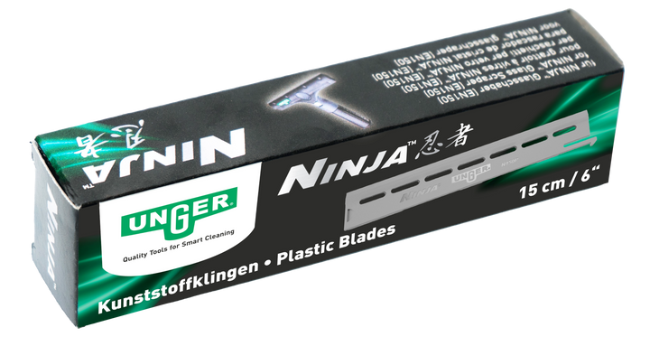 Box of Unger Ninja plastic blades with branding and product details.