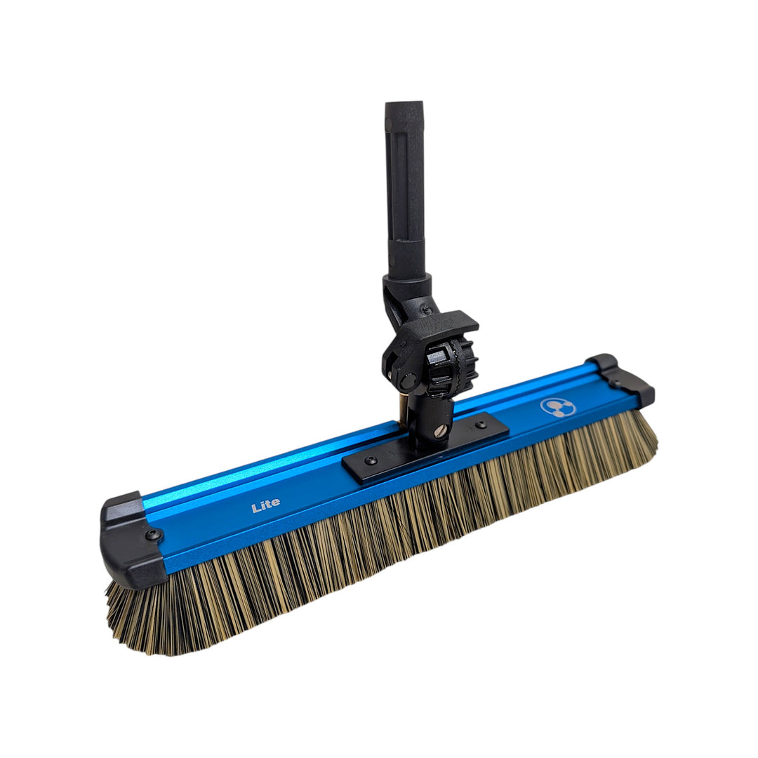 PWP Swivel Lite synthetic water-fed brush with blue aluminum block, dense bristles, and black swivel connector.