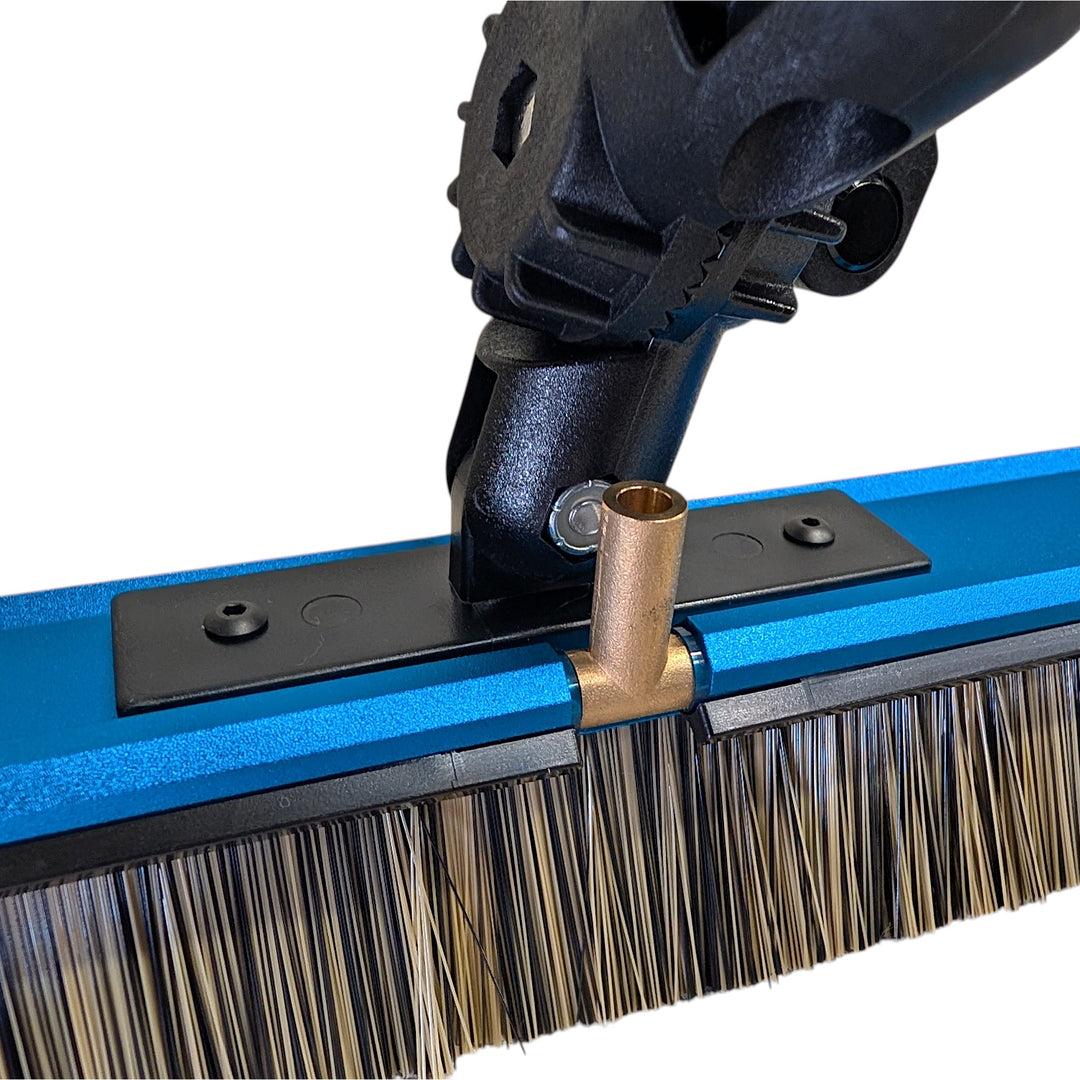 Close-up of the PWP Swivel Lite brush connector mount and brass tube fitting above the bristles.