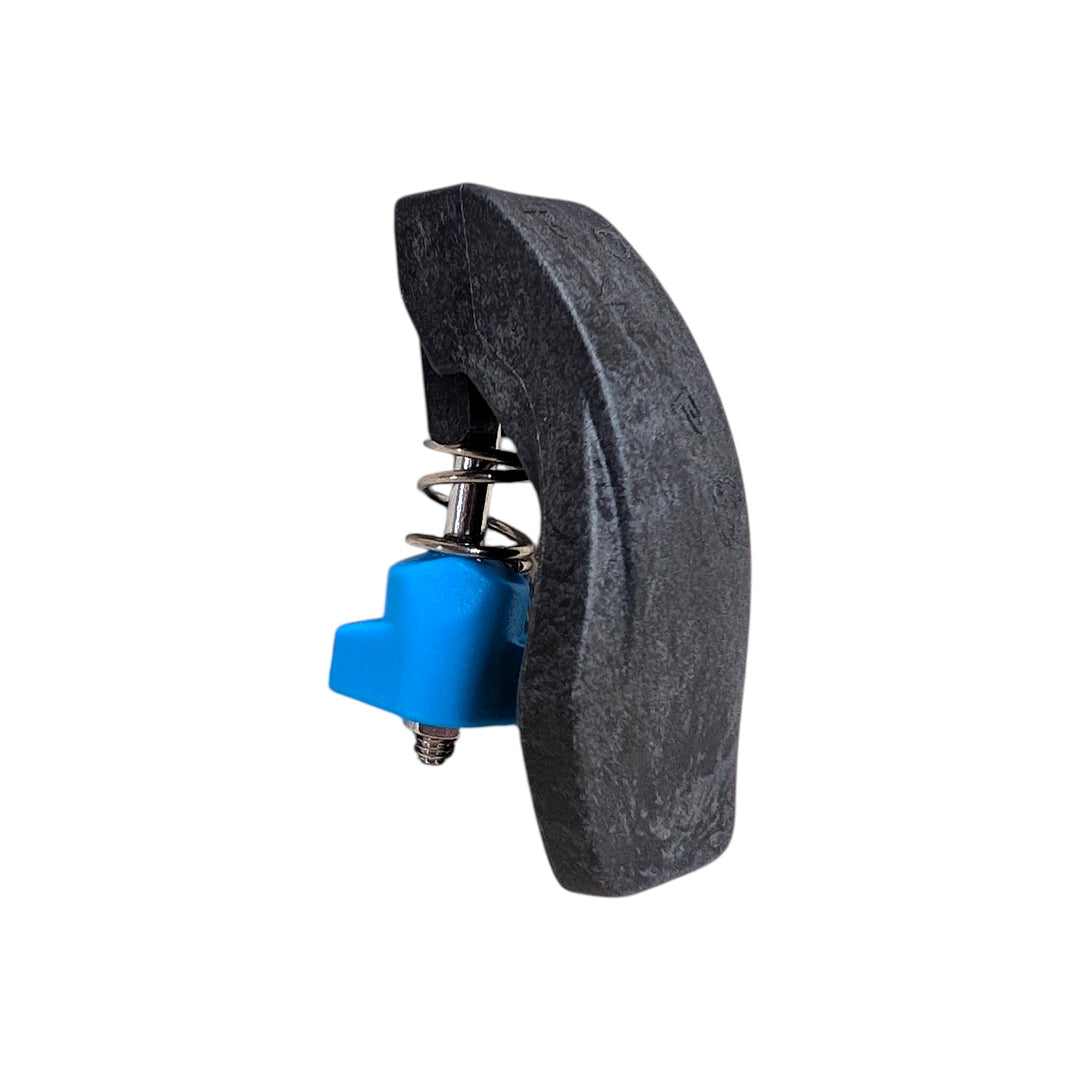 Angled view of the PWP V4 clamp lever assembly with black lever, blue cam, spring, and threaded bolt.