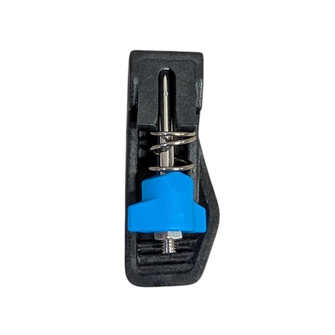 Rear view of the PWP V4 clamp lever assembly with the spring-loaded pin seated inside the black lever.